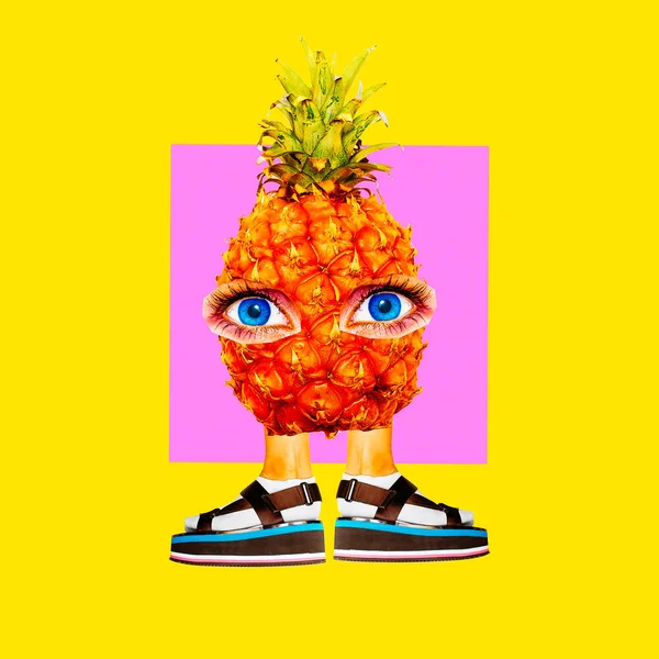 Fashion Minimal art collage.Funny pineapple character — Stock Photo, Image