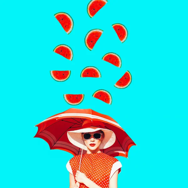 Contemporary art collage. Lady vintage and watermelon rain — Stock Image Contemporary art collage. Lady vintage and watermelon rain Royalty Free Stock Photos