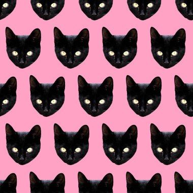 Dikişsiz desen. Siyah Kitty. T-shirt, tebrik kartları için kullanın, 