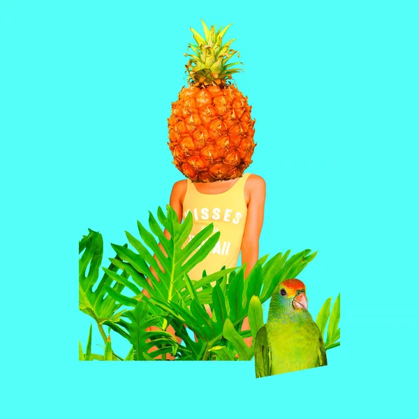 Contemporary art collage.Pineapple girl. Beach party concept — Stock Photo, Image