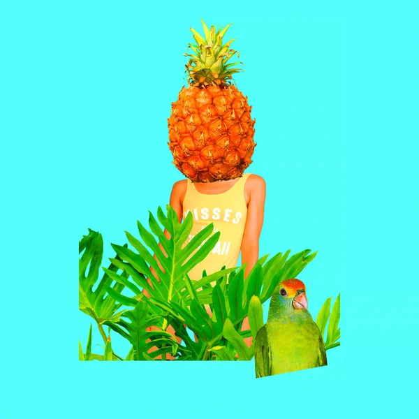 Contemporary art collage.Pineapple girl. Beach party concept