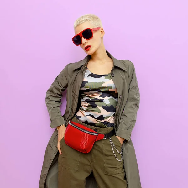 Absolute Military Style. Blonde in fashion accessories. Trendy l — Stock Photo, Image