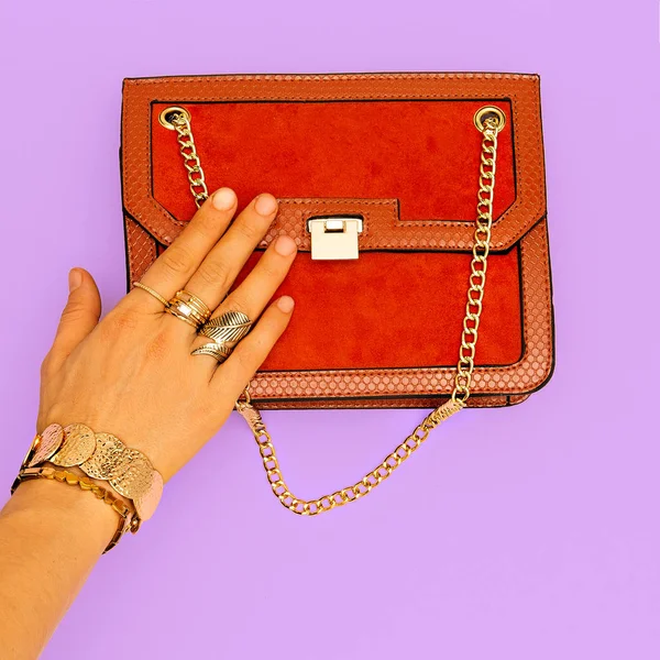 Τσάντα clutch μόδας και κομψά χρυσά κοσμήματα. Τάσεις Lady Accesso — Φωτογραφία Αρχείου