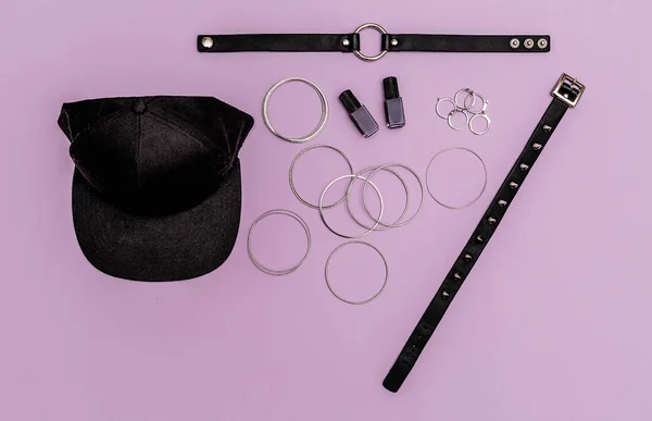 Stylish swag trendy black jewelry. Choker and bracelets.  Flat l — Stock Photo, Image