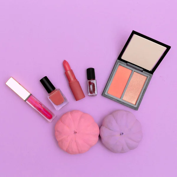 Trendy makeup shades. Lady Cosmetics. Fall season. flat lay mini