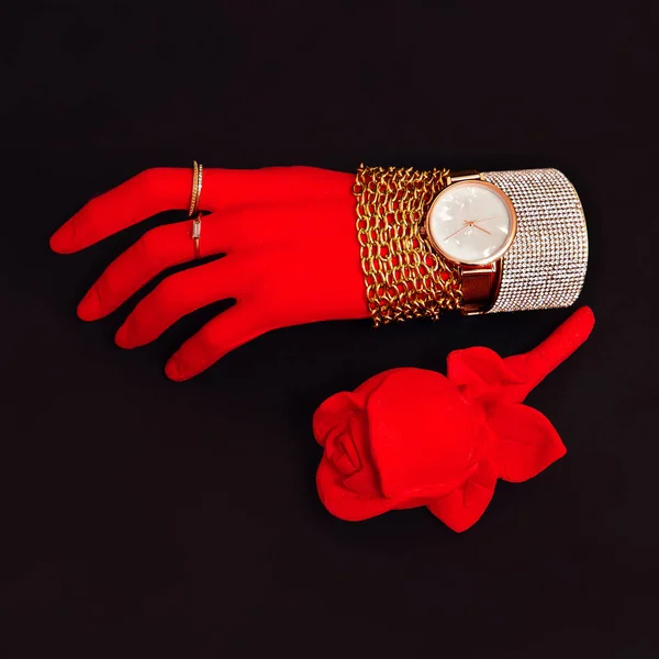 Plastic red hand in fashion jewelry accessories. Stylish minimal — Stock Photo, Image