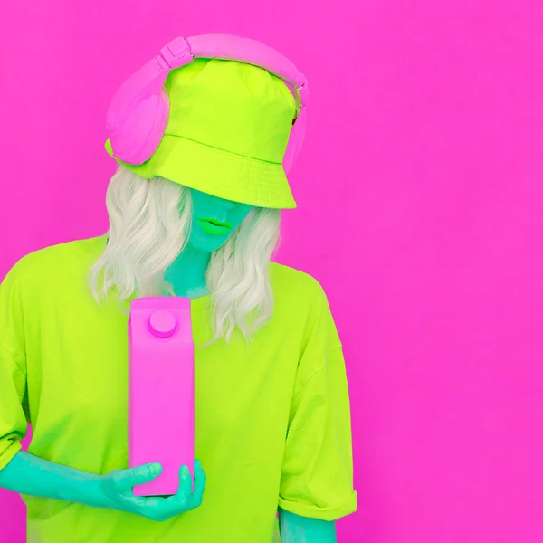 Creative Dj Girl in stylish headphones and bucket hats. Monochrome Acid colours fashion trends