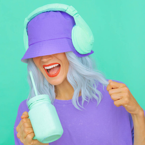 Happy Smoothie Dj Girl in stylish headphones and bucket hats. Minimal monochrome pastel colours design trends