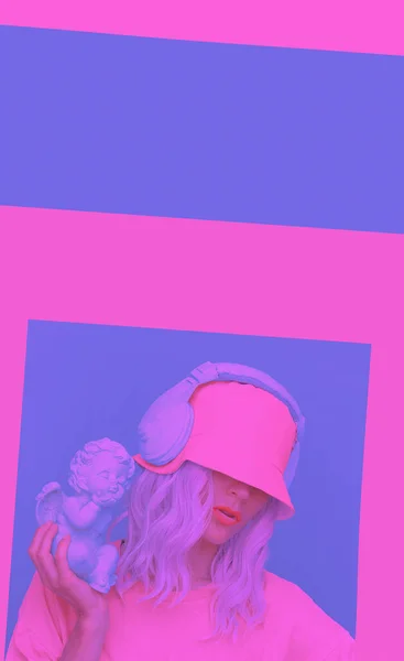 Angel Dj Girl in stylish headphones and bucket hats. Minimal monochrome colours  trends