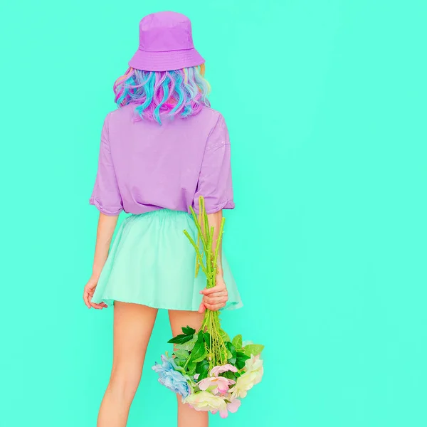 Fresh Summer Look Vanilla Flowers Girl Kawaii Vibes Candy Colors — Stock Photo, Image