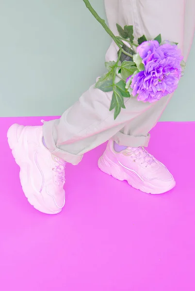 Stylish Sneakers Look Minimal Aesthetic Pastel Monochrome Design Ideal Bloggers — Stock Photo, Image