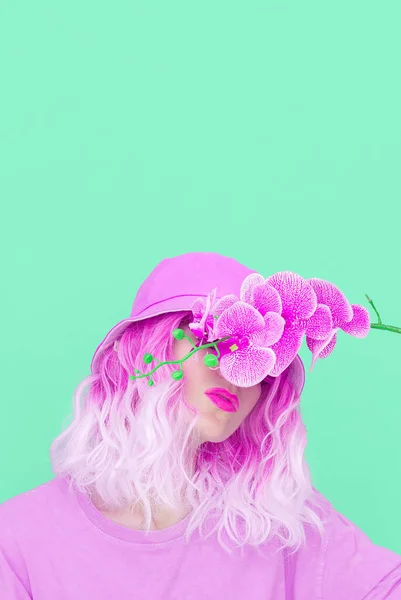 Aesthetic summer fashion girl with flowers in trendy bucket hat. Trendy Pastel colours monochrome design. ideal for bloggers, websites, magazines, business owners, instagram page.