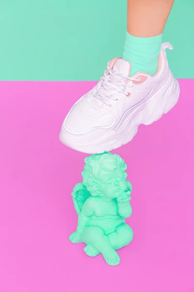 Stylish White Sneakers Angel Statue Minimal Pastel Summer Mood Concept — Stock Photo, Image