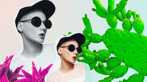 Ragazza hipster su sfondo cactus Minimal Fashion vibes — Video Stock