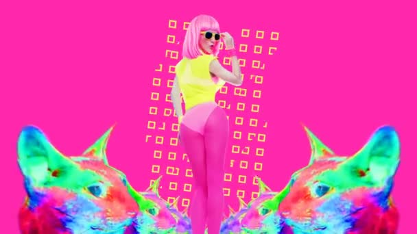 Arte de colagem de movimento mínimo. Moda conceito colorido Pink Lady Vibes — Vídeo de Stock