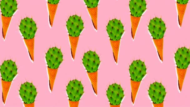 Mínimo movimiento flatlay arte. Fondo de helado de cactus en rosa — Vídeo de stock