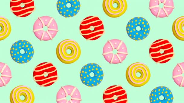 Arte de movimiento de moda. Donuts set caramelo mínimo fondo — Vídeos de Stock