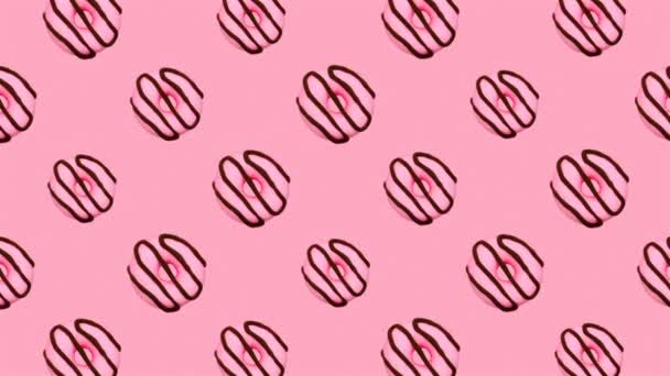 Arte de movimiento de moda. Rosado Donuts conjunto en rosa estilo caramelo minimalista — Vídeo de stock