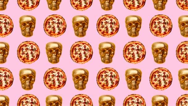 Projekt mody czaszki i pizzy tło Pizza miłośnik sztuki — Wideo stockowe