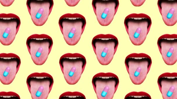Fashion Motion pop art design. Minimaal patroon. Lippen en drugs vibes — Stockvideo