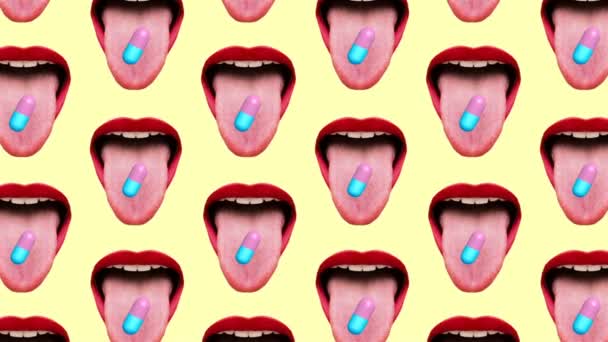 Fashion Motion Pop Art Design. Minimales Muster. Lippen und Drogen — Stockvideo