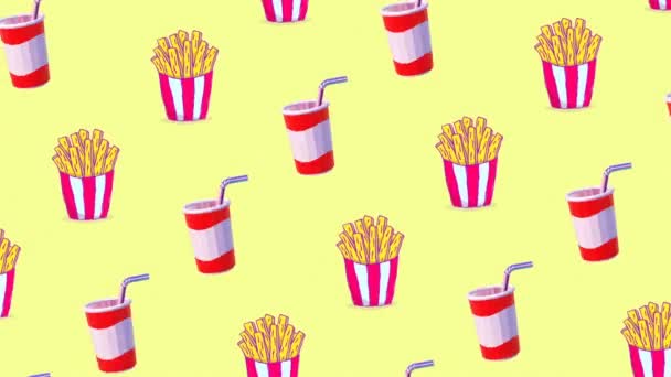 Κινούμενα σχέδια fast food τέχνη μοτίβο. Σόδα και τηγανητές πατάτες — Αρχείο Βίντεο