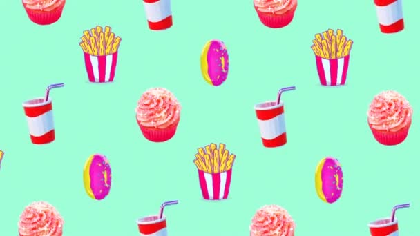 Animation Fast Food Musterkunst. Fast-Food-Konzept — Stockvideo