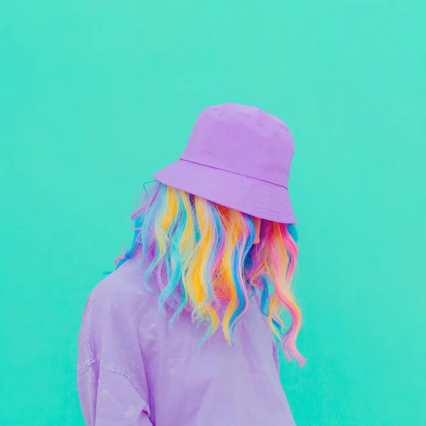 Aesthetic Summer Fashion Girl Trendy Bucket Hat Stylish Pastel Colours — Stock Photo, Image