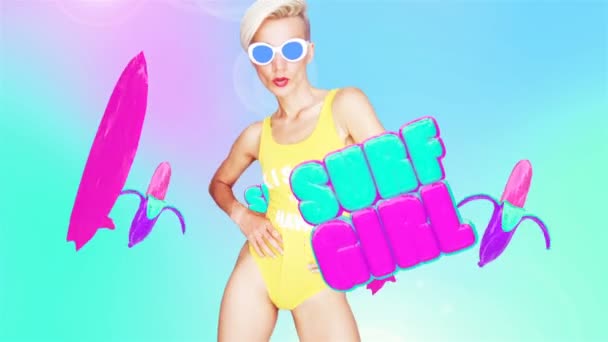 Motion minimal design art. Surf girl. Surf beach vibes — Stock Video