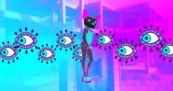 Moda animasyon tasarımı. Gerçeküstü dekorasyonda dans eden seksi kedi. — Stok video