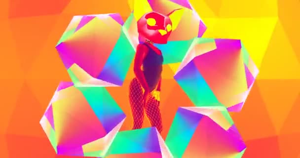 Desain busana animasi. Kucing penari seksi di ruang geometri. Vibe pesta panas — Stok Video