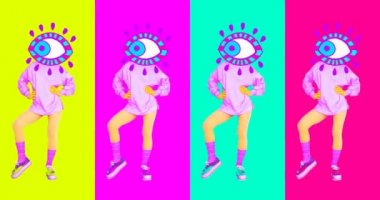 Çağdaş animasyon sanatı. Dans eden kız gözleri. Moda renkli titreşimler