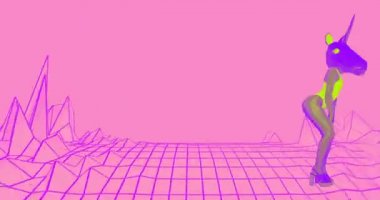 Minimum hareket tasarımı. Pembe tekno dünyasında dans eden tek boynuzlu at. Kulüp biçimi için ideal