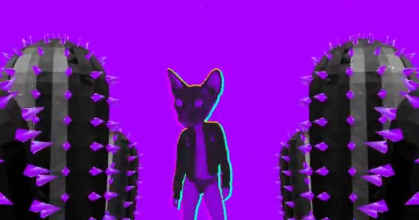 Design de moda de animação. Sexy dança gato no fundo cactos. Hardcore vibrações do partido — Vídeo de Stock