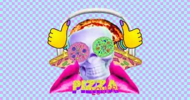 Hareketli hipster kolajı. Pizzacı sanatı. Fast food çılgın zaman.
