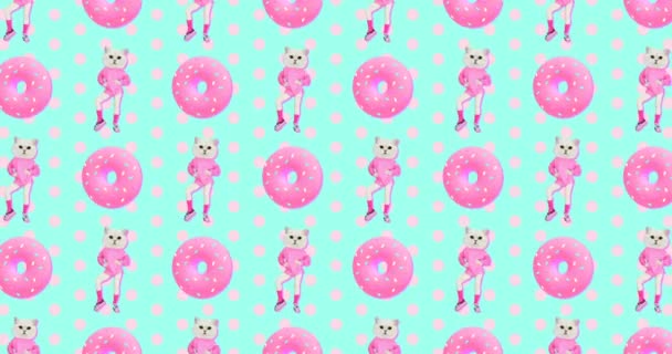 Zeichentrickmuster-Design. Pretty Kitty auf gepunktetem Hintergrund. Candy Minimal Donuts Stil — Stockvideo
