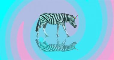 Moda animasyon tasarımı. Renkli soyut dünyada Zebra Tekboynuz.