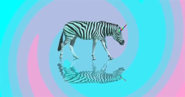 Moda animasyon tasarımı. Renkli soyut dünyada Zebra Tekboynuz. — Stok video