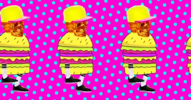Minimum hareket tasarımı. Soyut dünyada Burger Kurukafa Adam. Fast food sever sanat — Stok video