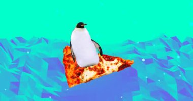 Animasyon minimum tasarım. Pizzanın üstündeki penguen sörfü. Fast food sanatı eğlencelidir. Pizzacı