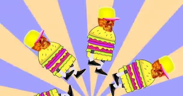 Movimento design mínimo. Burger Skull andando no mundo listrado. Arte divertida fast food — Vídeo de Stock