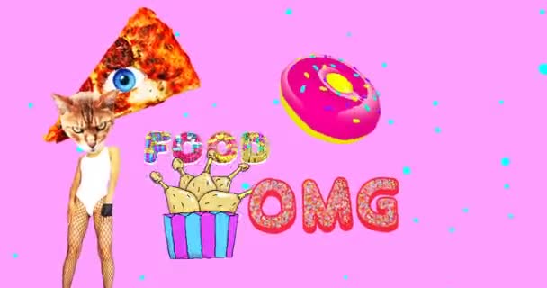 Design de animação contemporânea. A amante da pizza, Kitty. Moda fast food arte — Vídeo de Stock