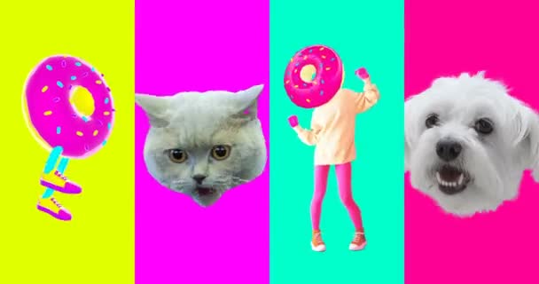 Arte de movimiento mínimo. Collage Donut adictos. Donut amantes idea — Vídeo de stock