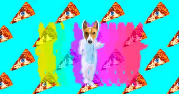 Minimaal bewegingsontwerp. Dansende hond en pizza stuk. Pizza liefhebber stemming — Stockvideo