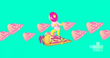 Animasyon minimum tasarım. Donut kızları pizzada sörf yapar. Eğlenceli Fast food sanatı