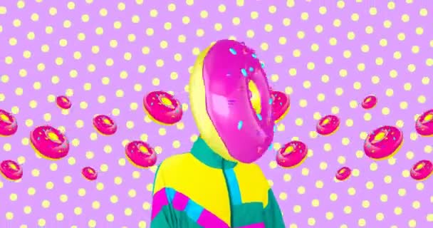 Diseño de animación mínima. Donut carácter colorido. Comida rápida arte divertido — Vídeos de Stock