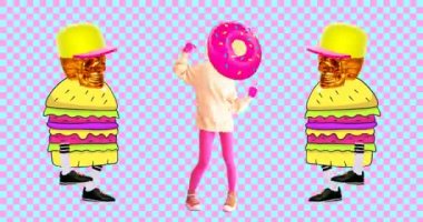Moda animasyon tasarımı. Kız çöreği ve burger kafatası. Fast food dostluğu