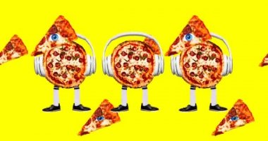 Çağdaş animasyon tasarımı. Pizza DJ karakteri. Pizza bağımlısı konsepti