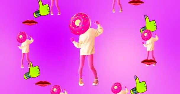 Diseño de animación mínima. Bailando chica divertida donut. Concepto de tiempo de dona — Vídeo de stock