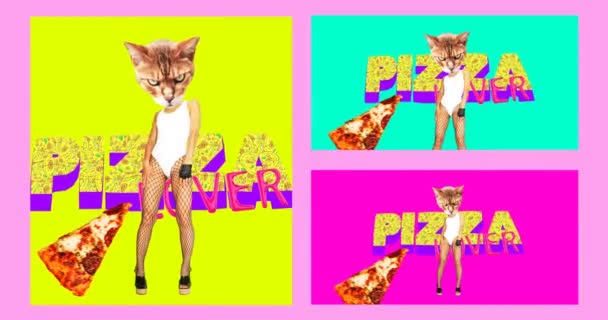 Minimální pohybové umění. Sexy kočička. Pizza Addict Concept. Rychlé občerstvení — Stock video